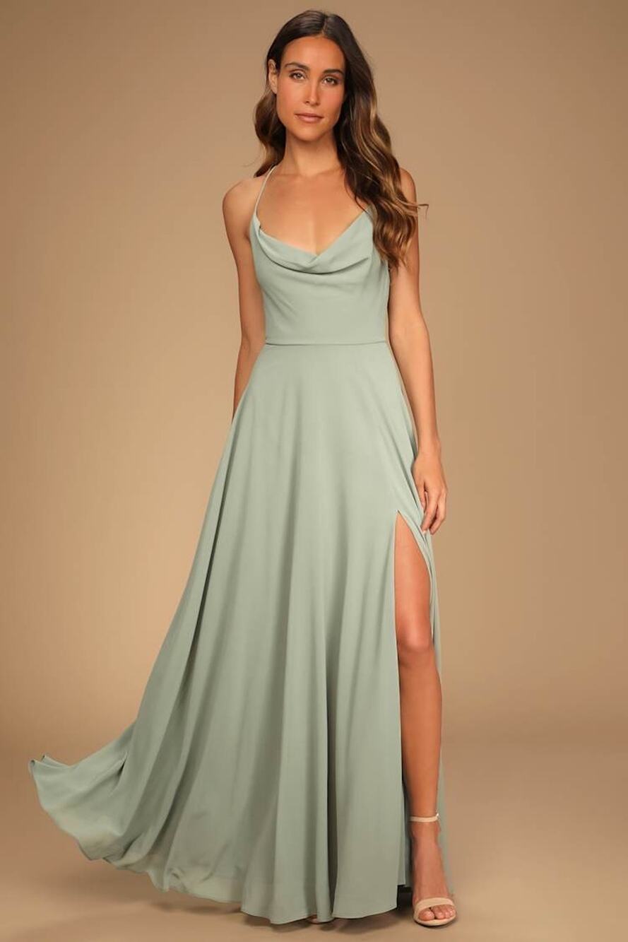 NWT Lulus Romantically Speaking Sage Green Cowl Lace-Up Maxi Dress Bridesmaid L